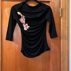Slinky sexy ruched Arden B top with ballet neckline and pink lace appliqué M